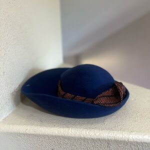 VNTG Soleil Soie  Wool Hat Blue Bow  Fancy Dress Derby Church Special occasion